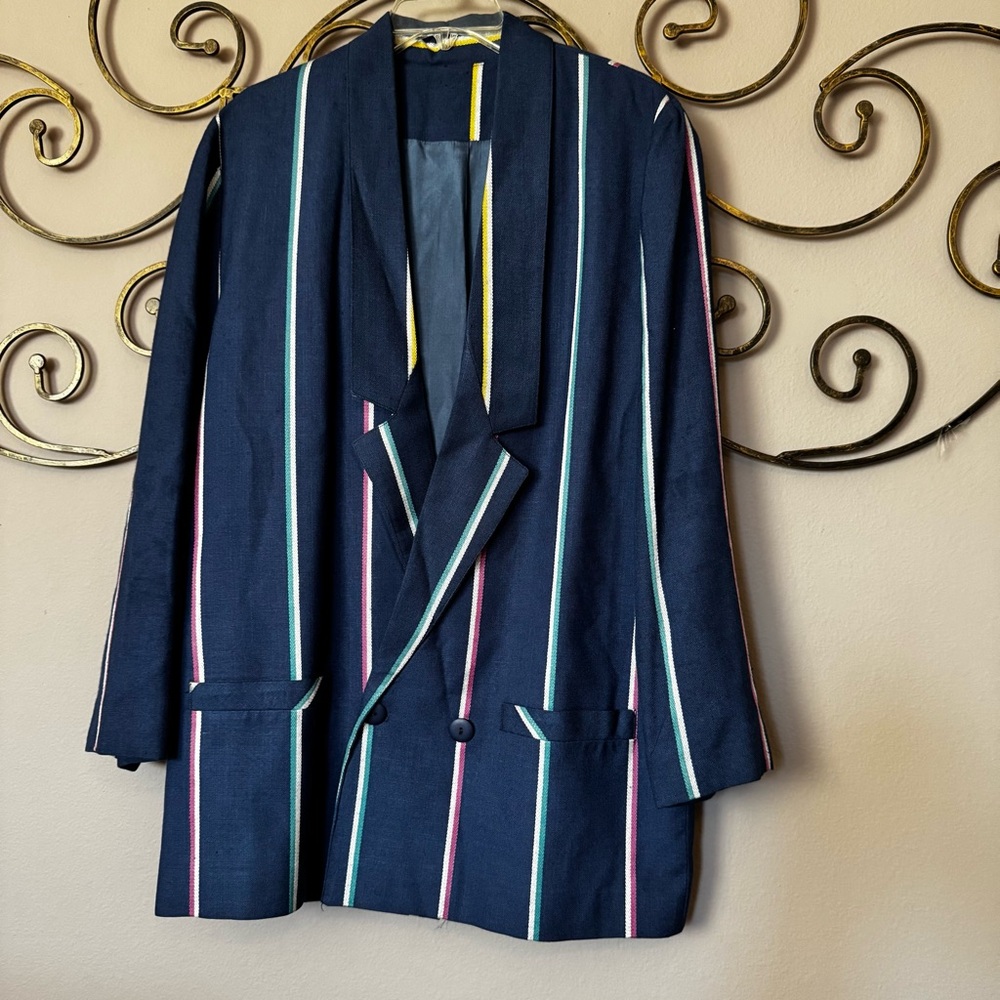 Vintage Baronesa Striped Pockets Navy Blue Single-Breasted Blazer Sz 12